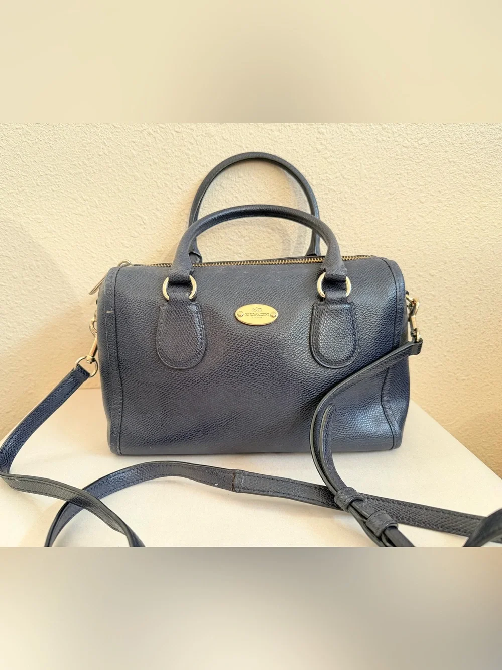 Coach Navy Blue Small Satchel Detachable Crossbody Strap Textured Leather